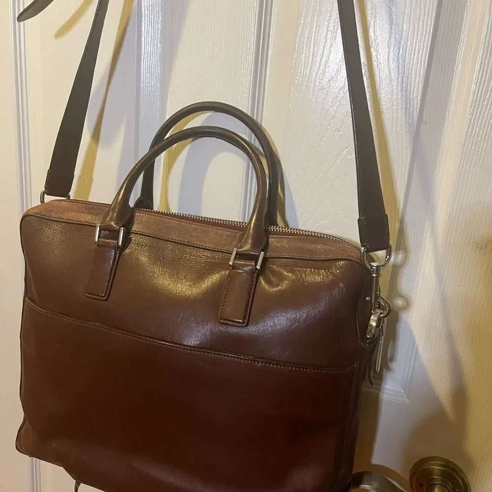 Cole Haan leather deep Brown Hamilton laptop bag with silver tone hardwares